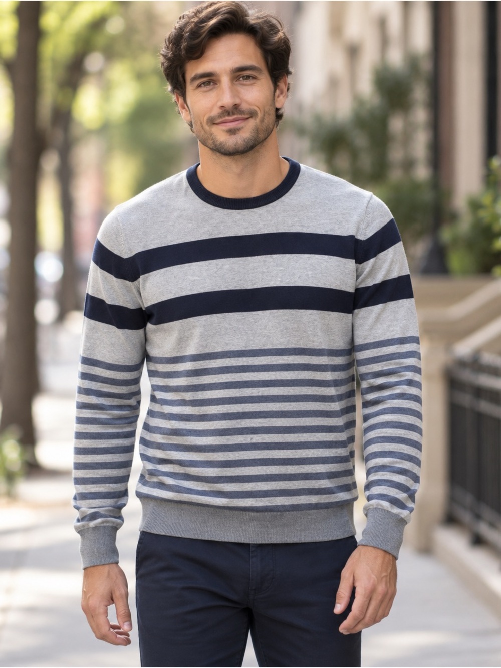 Codice Made in Italy Gray Blue Striped Cotton Crewneck Sweater Size 56